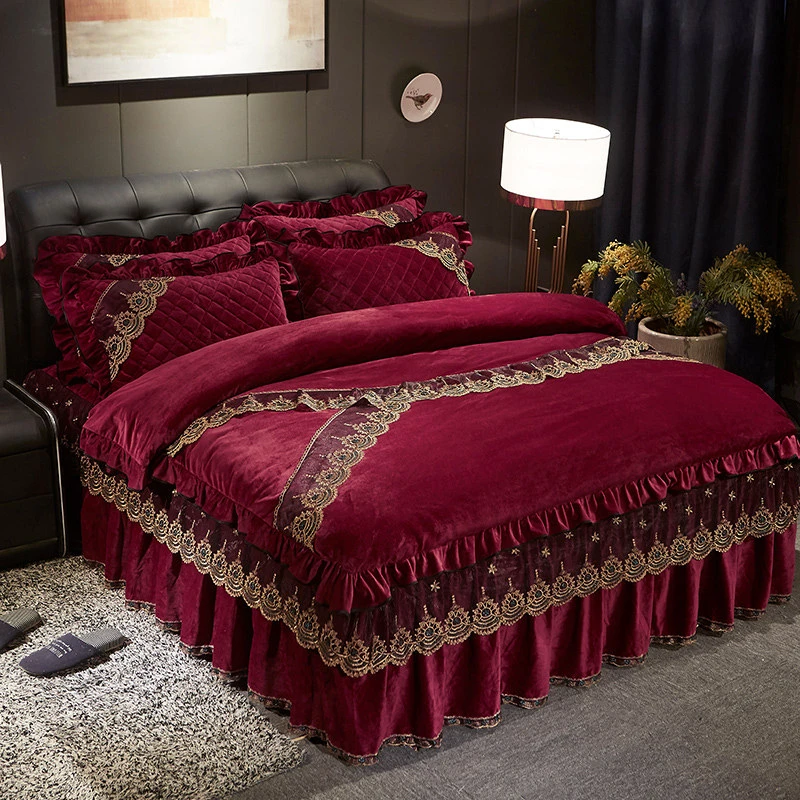 European Velvet Duvet Cover Set Embroidered Lace King Queen Size