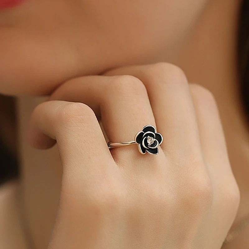 Female Stainless Steel Ring Black Stone