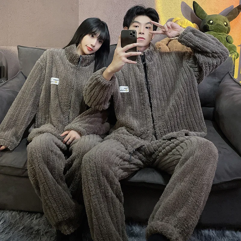 

Autumn Winter Warm Flannel Zipper Couple Pajamas Set Women Sleepwear Family Pijama Lover Homewear Cloth Women Casual Men Pyjamas
