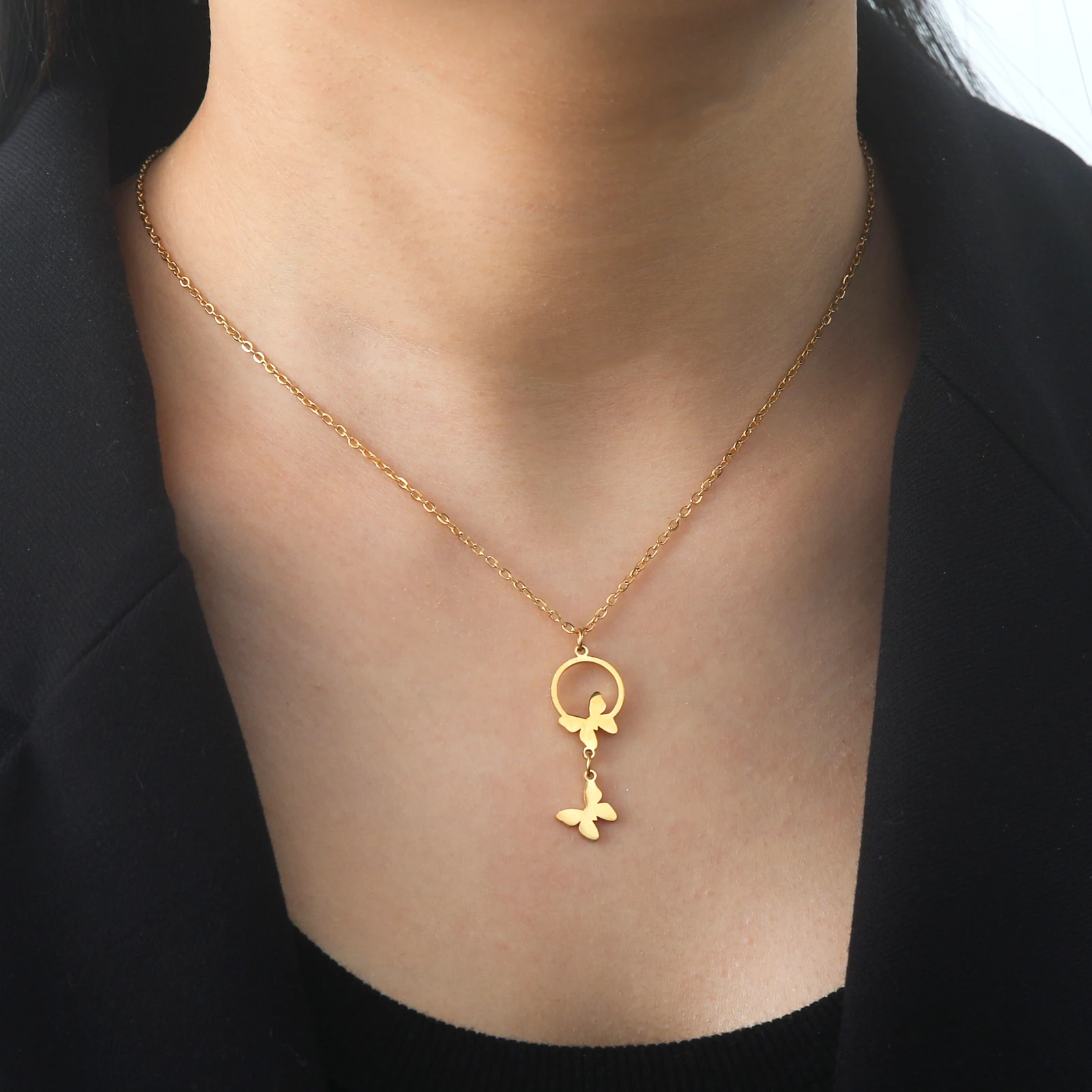 Skyrim Kpop Butterfly Pendant Necklace Women Stainless Steel Gold Color