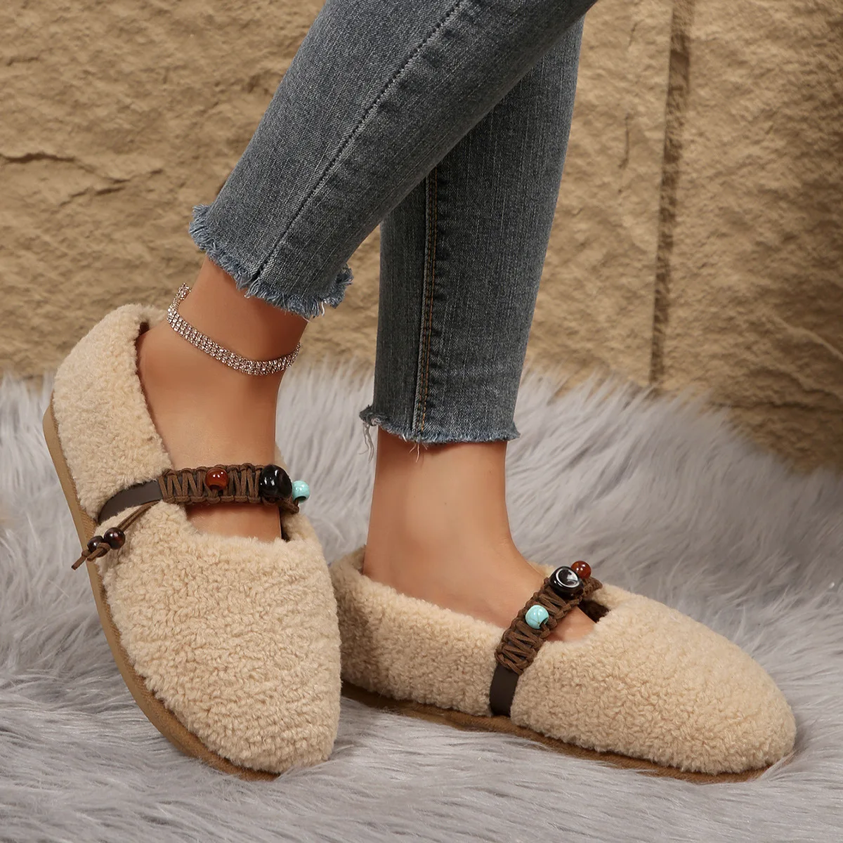 Soft Mink Fur Flats Women Beading Belt Mary Janes Winter Fluffy Shoes Ladies Warm Cotton Loafers Slip on Furry Mocasines Mujer