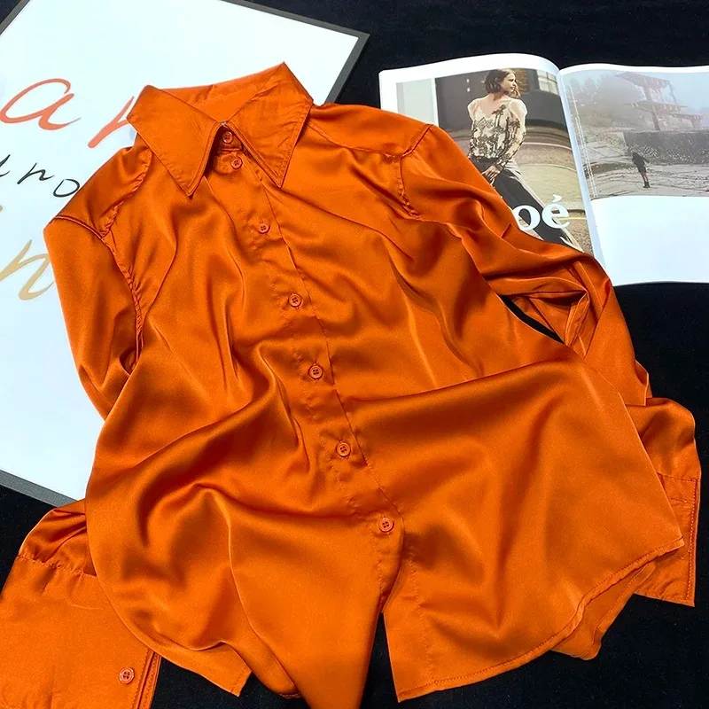 New Autumn Women's Satin Women's Long-sleeved Cardigan Lapel Shirt Fashionable and Elegant Solid Color Casual Office Blouse