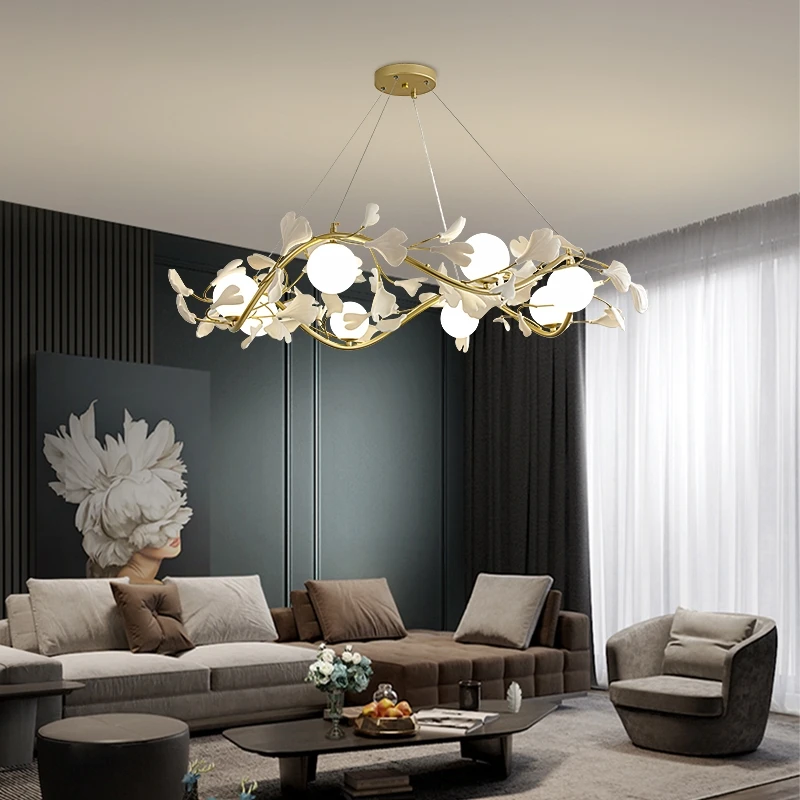Nordic Deluxe Glass Ball LED Pendant Lamp Modern Ginkgo Pendant Lamp For Living Room Decoration Deluxe Pendant Lamp