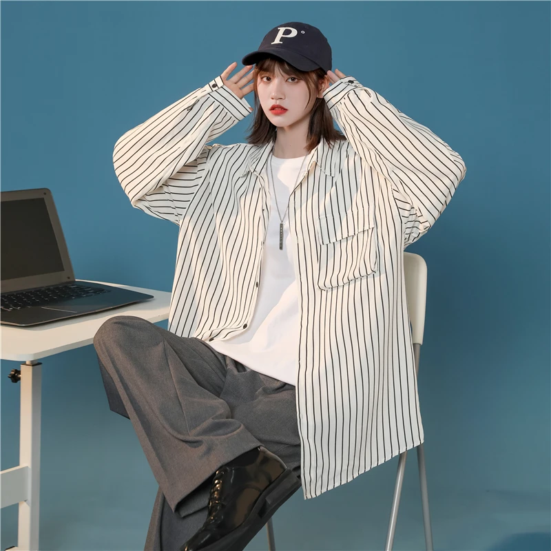 

NELLARGEL Korean Style Striped Shirts 2023 Blouse Women Oversized Japanese Streetwear Blouses Long Sleeve Harajuku White Shirt