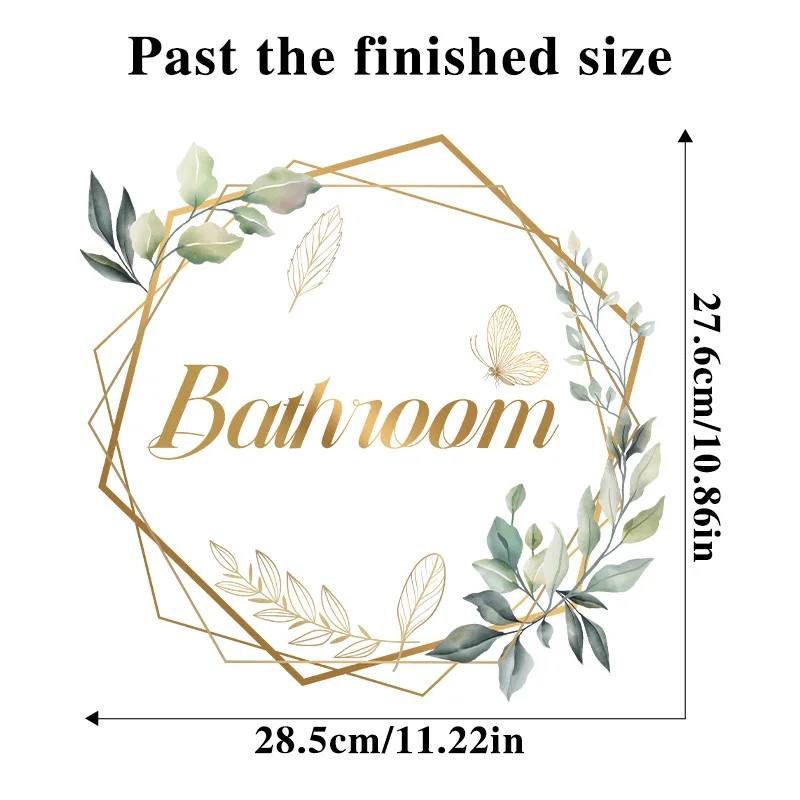 Green Plant Toilet Door Sticker Golden Letter Removable Self-adhesive Waterproof PVC Bathroom Decoration Decal Home Supplies