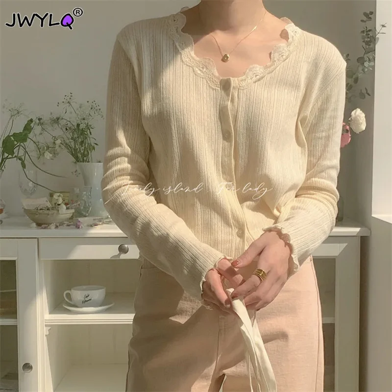 

Женский кружевной кардиган, нежный тонкий вязаный мягкий однобортный укороченный топ, модные солнцезащитные корейские свитера для женщин