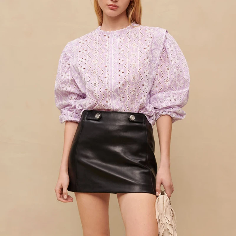 

Women Hollow-out Flower Embroidery Lace Collar Blouse Top 2023 New Ladies French Bubble Sleeve Loose Shirt Camisas