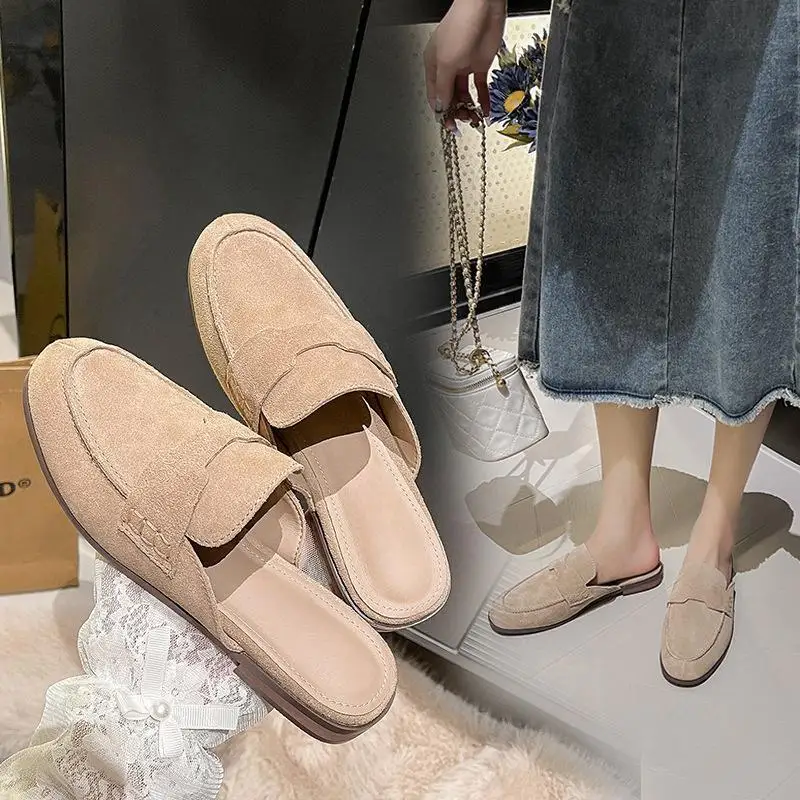 Summer New Muller Shoes Flat Bottom Half Slippers Genuine Leather Baotou Women's Shoes