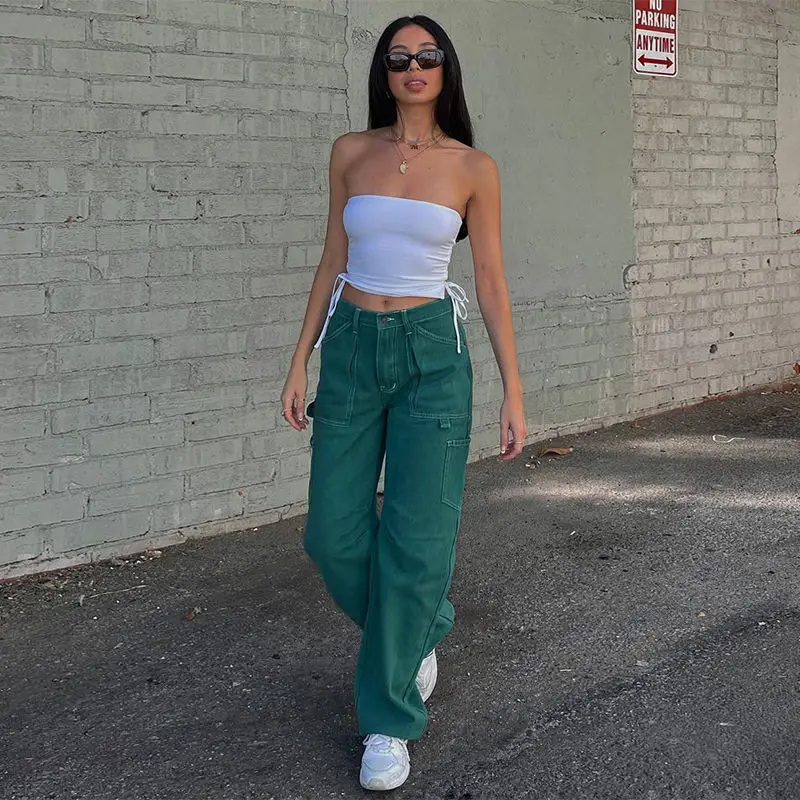 

American retro tooling pocket jeans women's high waist, thin and high personality trend all-match straight pants