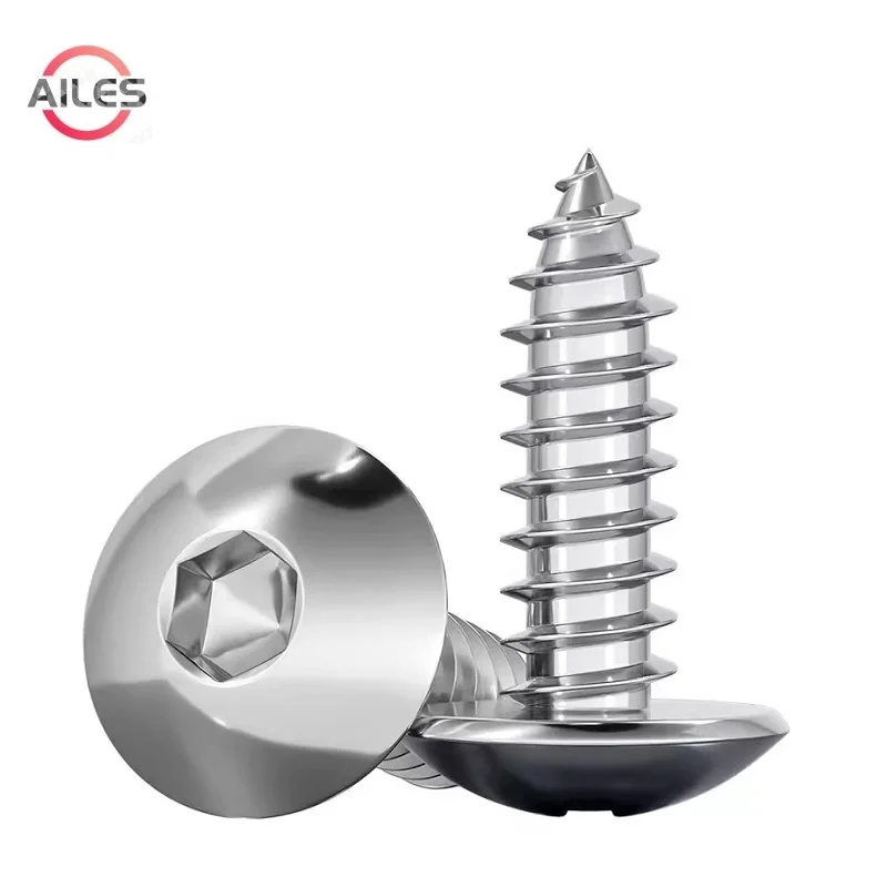 304 สแตนเลสสตีล M3 M4 M5 M6 M8 Truss Head Hex ซ็อกเก็ตสกรูปุ่ม Allen Head Tapping สกรูไม้ 1