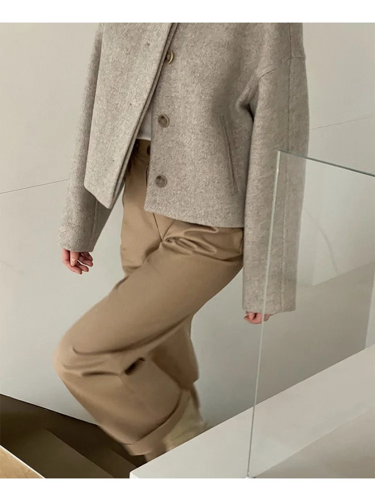 Stand-Collar Tweed Wool Coat   Women's Fall winter Spring Collar Short Small Loose Solid Color Single Row with Multiple Buttons Single-Breasted womens Jackets Woolen Coats Outerwear for woman in khaki Oatmeal beige 