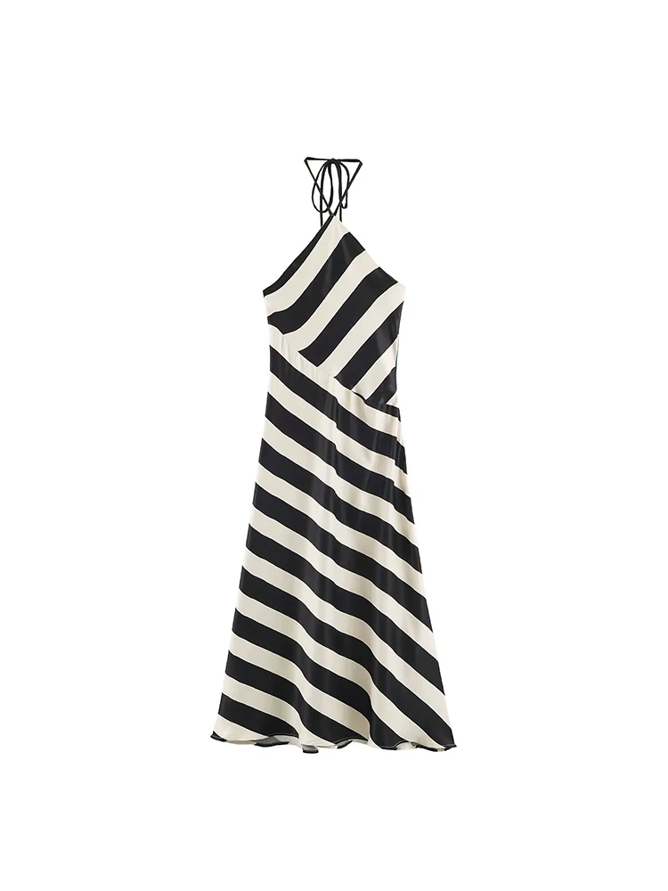 Robe longue sexy dos nu à rayures pour femme, sans manches, ajustée, contrastante, pour l'été, soirée ou club