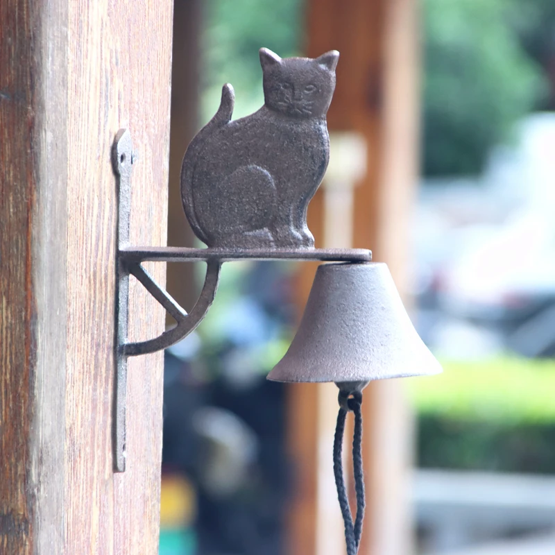 Rustic Cast Iron Cat Wall Hand Cranking Bell Double-sided Farm House Accents For Home Garden Office Bar Outdoor Decoration 4