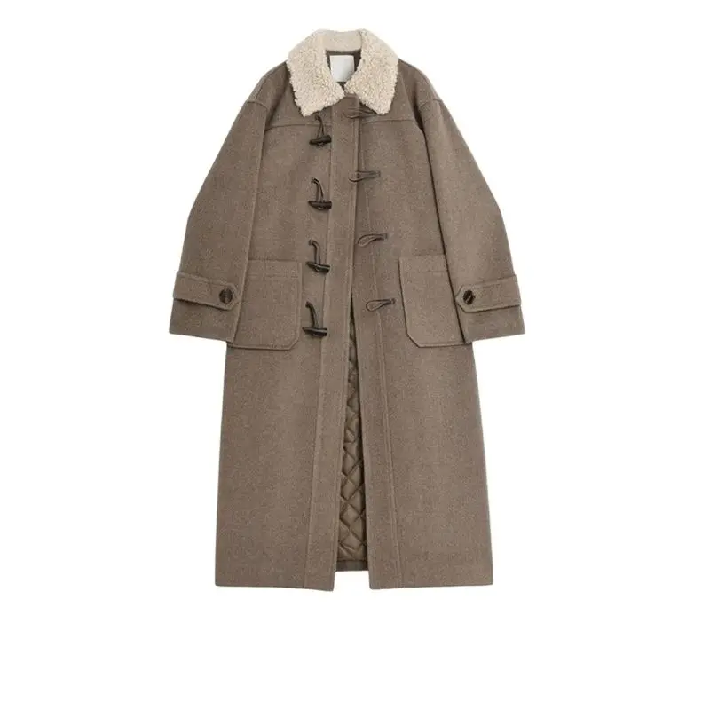 

Women's Maillard Winter Imitation Lamb Wool Collar Woolen Coat Cow Horn Button Spliced Medium Length Woolen Coat Women