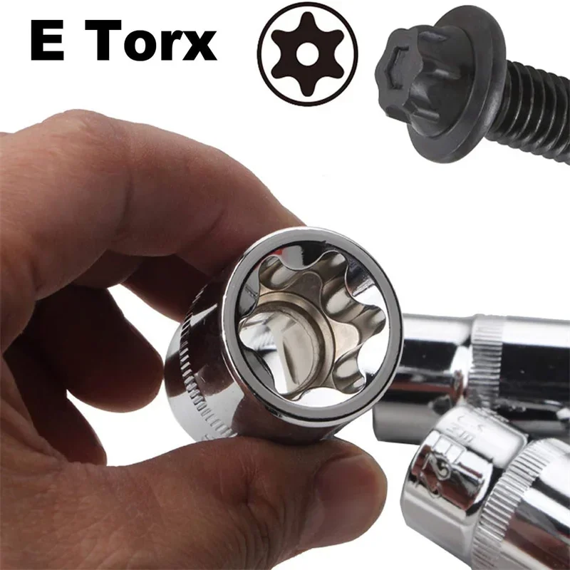 Female E Torx Socket Set with Case, 1/4, 3/8, 1/2 in. Drive E4-E24 External Torque Star Socket Kit, 14Pcs 3
