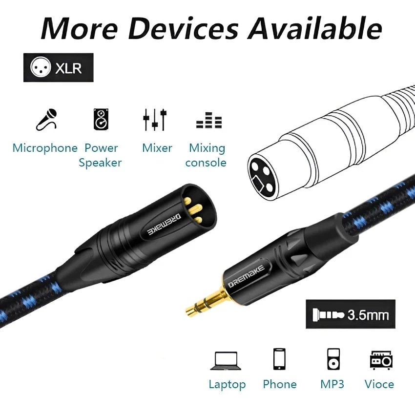 Dremake-cabo de Áudio Xlr para 3.5 mm Cabo de Áudio Auxiliar Não Equilibrado 3.5 mm ou Cabeças Macho para Xlr Adaptador de Pinos Fio Auido para Amplificador de pc e Telefones - Image 2