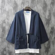 

Male Hanfu Taoist Costume Japanese Style Kimono Three-Quarter Sleeve with Solid Color Cardigan Summer Street Wear Shirt