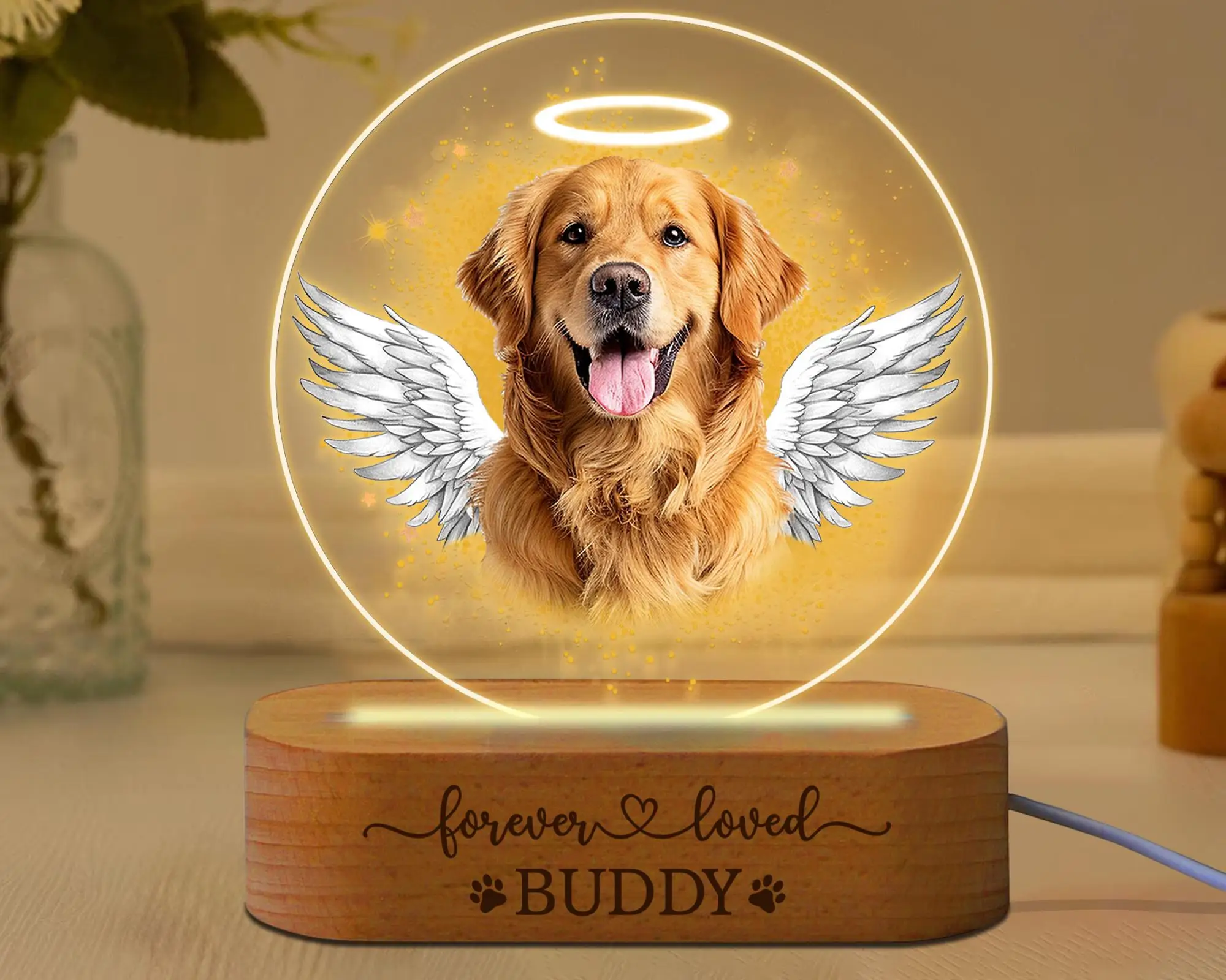 Personalisierter Hunde-Gedenk-Fotorahmen, Haustier-Portrait-Plakette mit Hundenamen, Pfotenabdruck, besonderes Gedenkgeschenk für die Erinnerung von Haustierverlust – Detail 1