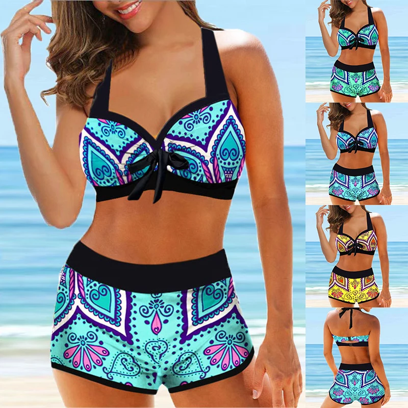 

2022 New Women Retro Print Bathing Suit Female Swimsuit Female Sexy Bikini Swimwear Summer Ladies Two Piece Set Loose Bath Suit