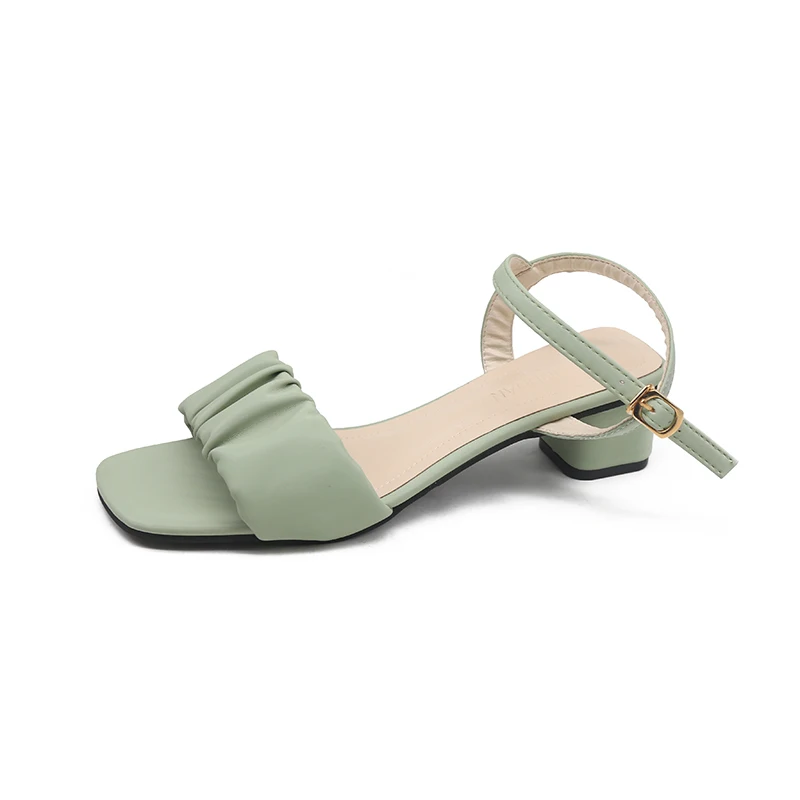 Fashion Square Heel Womens Sandals Summer Korean Pleated Ankle Buckle Casual High Heels Sandals Simple Rome Shoes women sandals