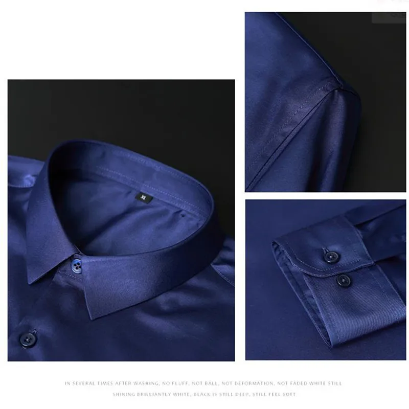Men's Long Sleeve Shirt Wrinkle-resistant Non-iron Solid Color Business Casual Ice Silk Poplin Shirts 6XL