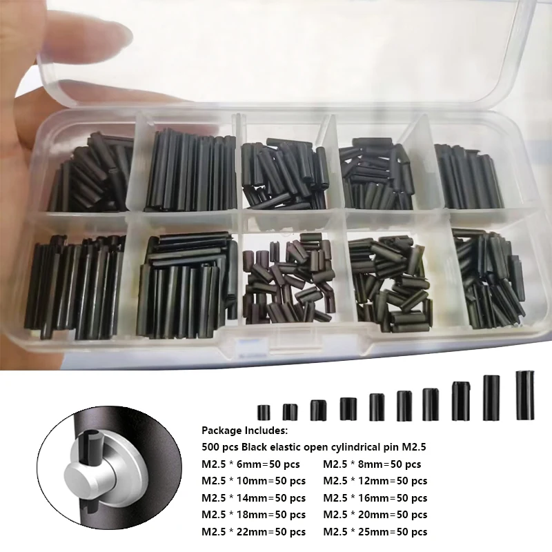 500pcs Black Carbon Steel Spring Pin Cylindrical Elastic Open Pin Roll
