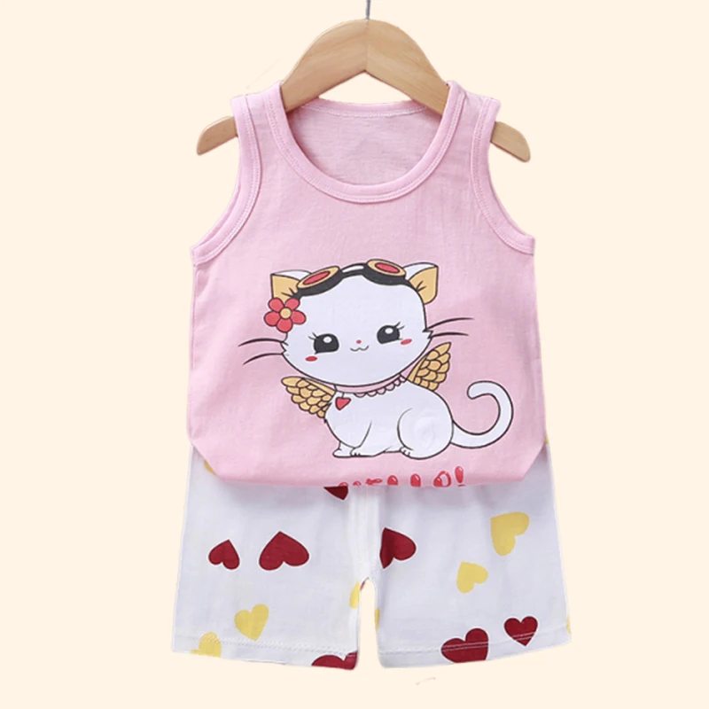 Cotton Kids Vest Set with Cartoon Print – Summer Baby Boy Girl Two-Piece Outfit Children Sets Kids Clothes 2