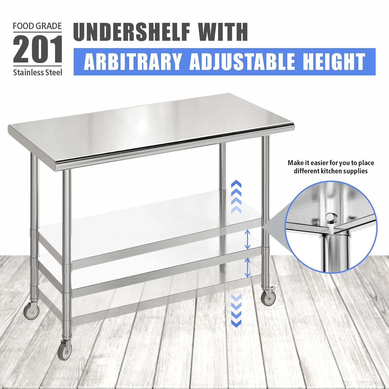REDLIFE Stainless Steel Work Table 2-Stage Adjustable Shelf w/ 4 Wheels Heavy Duty Food Prep Worktable for Restaurant Home Hotel