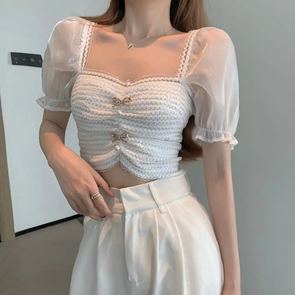 Pleated Puff Sleeve Crop Top Knitwear Slim Fit Lace Bow Knit T-shirt Spicy Girl Style Female Clothing Sweet Top Women Summer