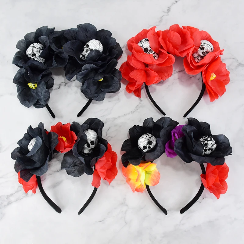 Halloween Rose Stirnband Schädel Haarband schwarze Blume Krone Tag der toten Kopf bedeckung Gothic Kostüm Zubehör Halloween Dekor – Detail 5