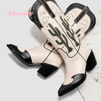 Retro Western Cowboy Boots Pointed Toe Embroidery Thick Heel Cactus Decor Chunky Heels Slip On Women's Boots Casual Elegant 1