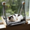 Wooden Cat Hammock with Suction Cups, Wall Mounted Sunning Lounge with Plush Pad - Cozy Hanging Bed for Indoor Cats 2