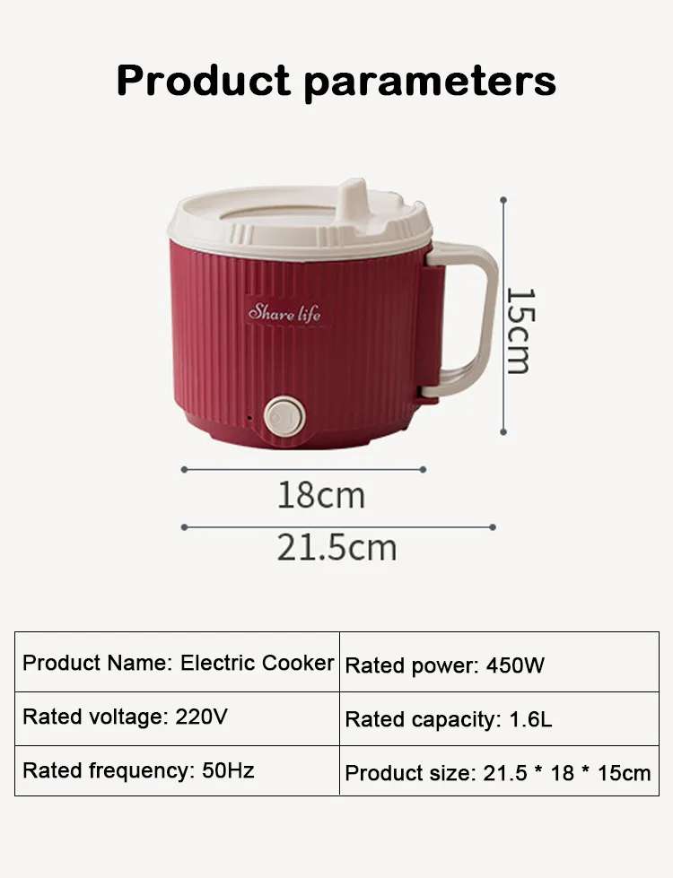 Electric Cooking Pot Multifunction Rice Cooker Mini Portable 1.6L Instant Noodles Fast Food Pot Porridge Soup Hot Pot Frying Pan 6