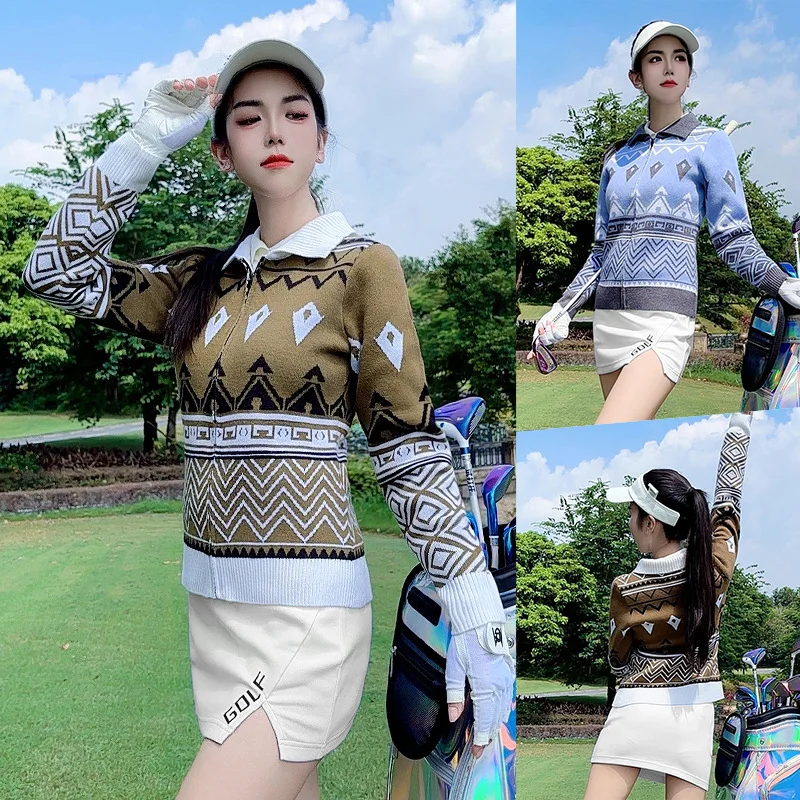 Pgm Women's Fashion Printed Sports Cardigan High-end Knitted Golf Sweater Lady Long Sleeve Warm Golf Jacket Windproof Coat