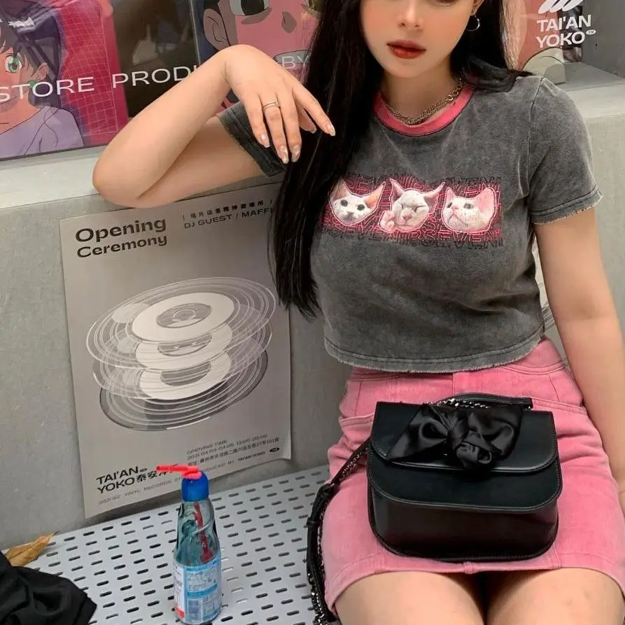 

Vintage Sexy T-Shirt Y2k Short-Sleeved Summer Harajuku Funny Cat Printed Washed Kawaii Loose T-Shirt Tops Woman 2022 New