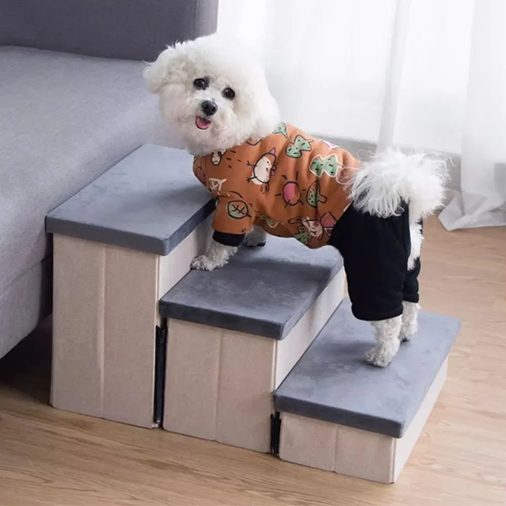 2/3 Steps Dog Stairs With Folding Large Capacity Storage Box Non-slip Dog Ramp For Dogs To Sofa Bed Puppy Ladder Pet Accessories