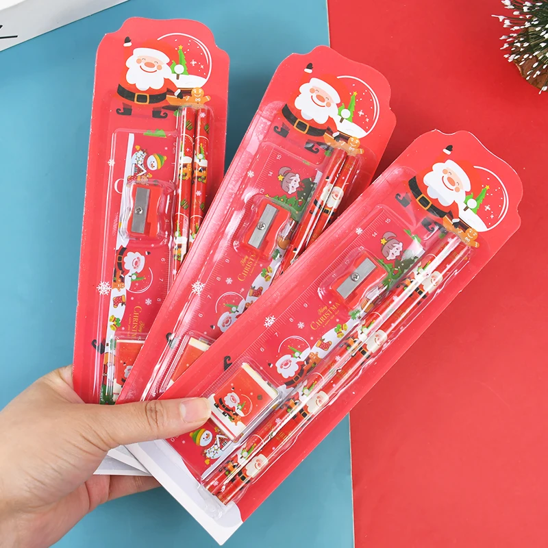 Christmas Stationery Set Kids Cartoon Pencils Eraser Ruler Sharpener Kit Office School Supplies Back To School Gift Kids Rewards
