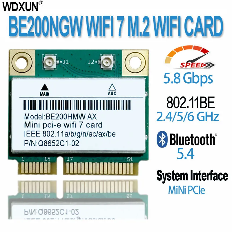 Wifi 7 b200 pcie מתאם wifi עבור Bluetooth 5.4 תלת-band 2.4g/5g/5 גרם/6ghz 8774mbps be200ngw mbps be200ngw win10/11