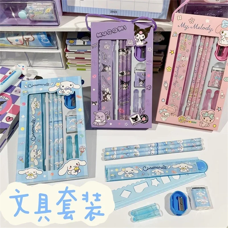 Sanrio Stationery Set Anime Cartoon Hello Kitty Cinnamoroll Kuromi My Melody Pencil Rubber Ruler Pencil Sharpener Holiday Gifts