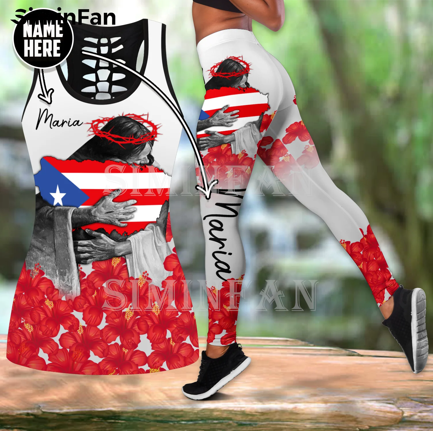 

Женский комплект для йоги God Love, летний повседневный комплект из двух предметов, футболка и леггинсы с 3D принтом Пуэрто-Рико