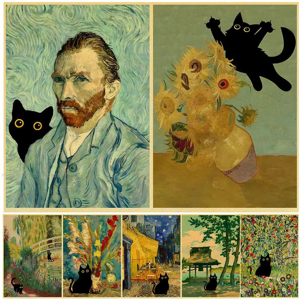 

Подсолнухи ван гога и черная кошка ретро постер из крафт-бумаги японское аниме украшение комнаты винтажные наклейки на стену манга постеры