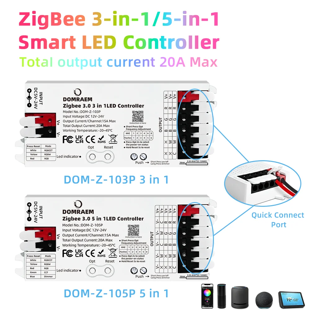 Domraem Zigbee3.0 RGBCCT RGB RGBW ตัวควบคุมแถบ LED 5 ใน 1 12V-24V 20A สมาร์ทหรี่ทำงานร่วมกับสมาร์ทธิงส์ อเล็กซา กูเกิลโฮม 1