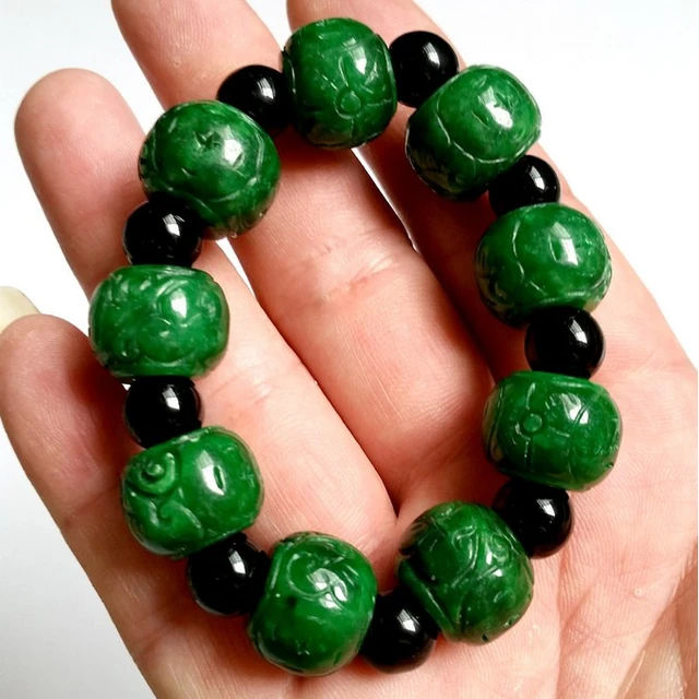 Leather bracelet for men with green Jade and sterling silver beads