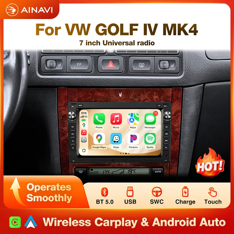 AINAVI Pantalla táctil IPS inalámbrica de 7 pulgadas para coche, CarPlay, Android Auto, estéreo para coche, navegación GPS para VW Passat B5 Golf 4 MK4 MK5 Polo Bora Jetta Sharan Transport T5, radio FM con Bluetooth 1