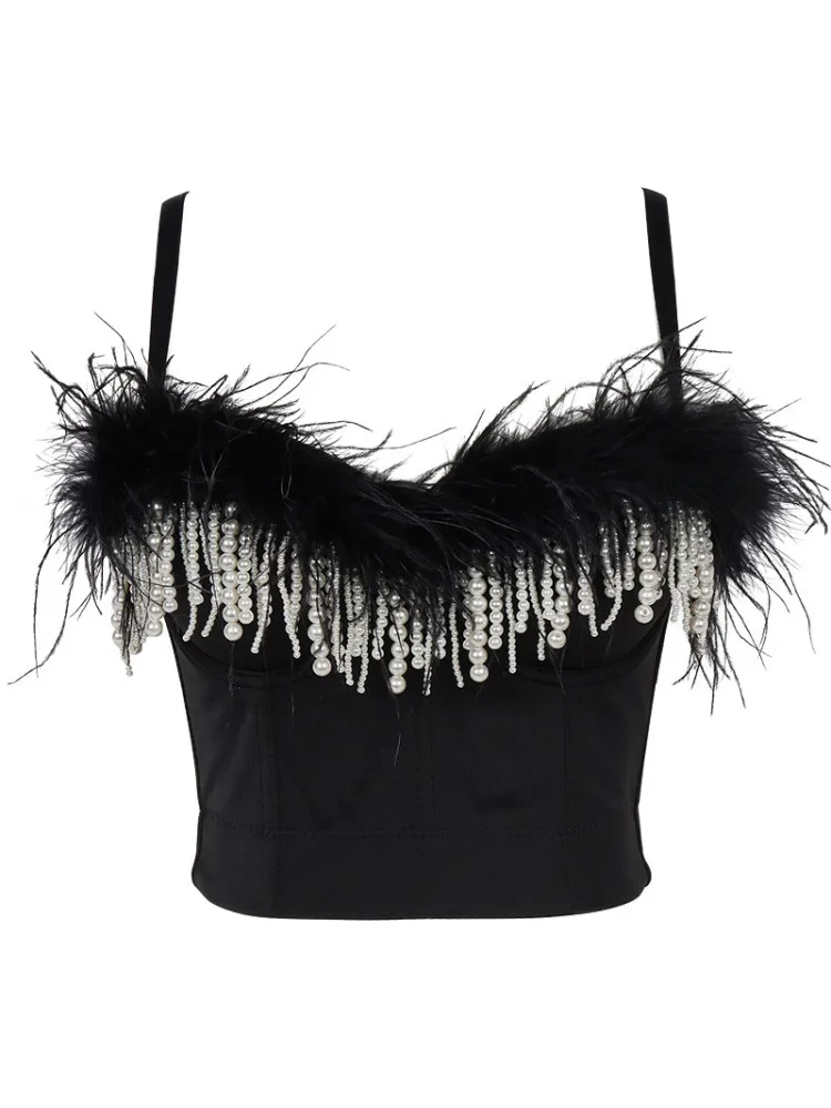 

Women Sexy Designer Beading Tassel Black White Sleeveless Feathers Cotton Camisole Summer High Street Diamonds Short Crop Tops