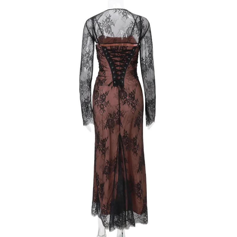 Elegante vestido de noche de fiesta para mujer, de manga larga, con encaje estampado de patchwork, sexy, para otoño e invierno, nuevo, ajustado con tirantes.
