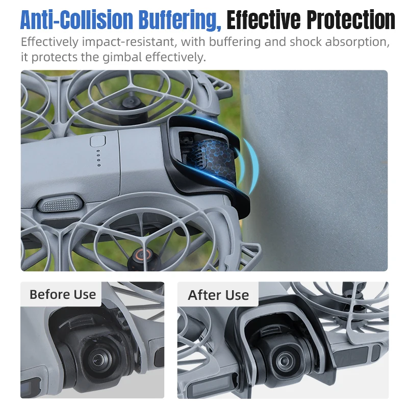 Détail des fixations de la protection pare-chocs et lentille STARTRC pour DJI NEO 2, gris clair, avec texture antidérapante.