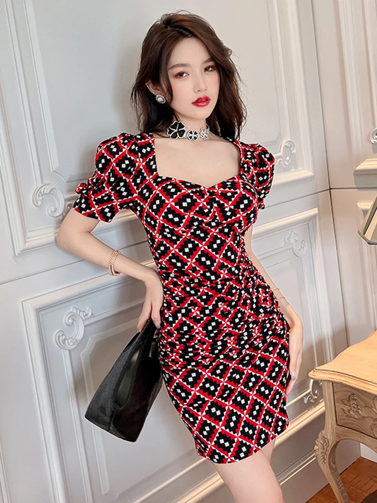 Spring Mini Dress for Women 2023 Elegant Retro Sexy Velvet Red Black Bright  Diamonds Folds Skinny Clothes Party Banquet Vestidos