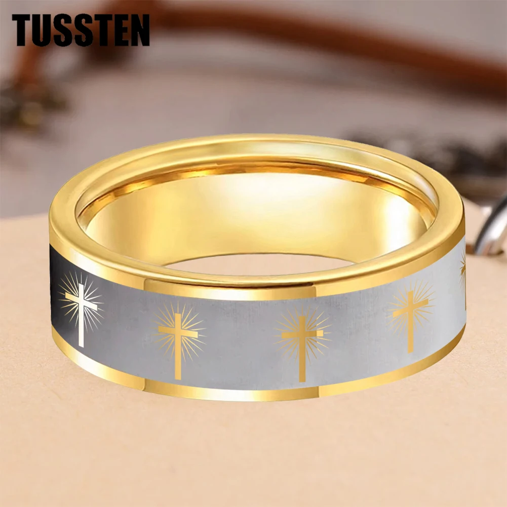 TUSSTEN 6/8MM Beveled Matte Tungsten Ring Laser Engraved Luminous Cross For Comfortable Fit