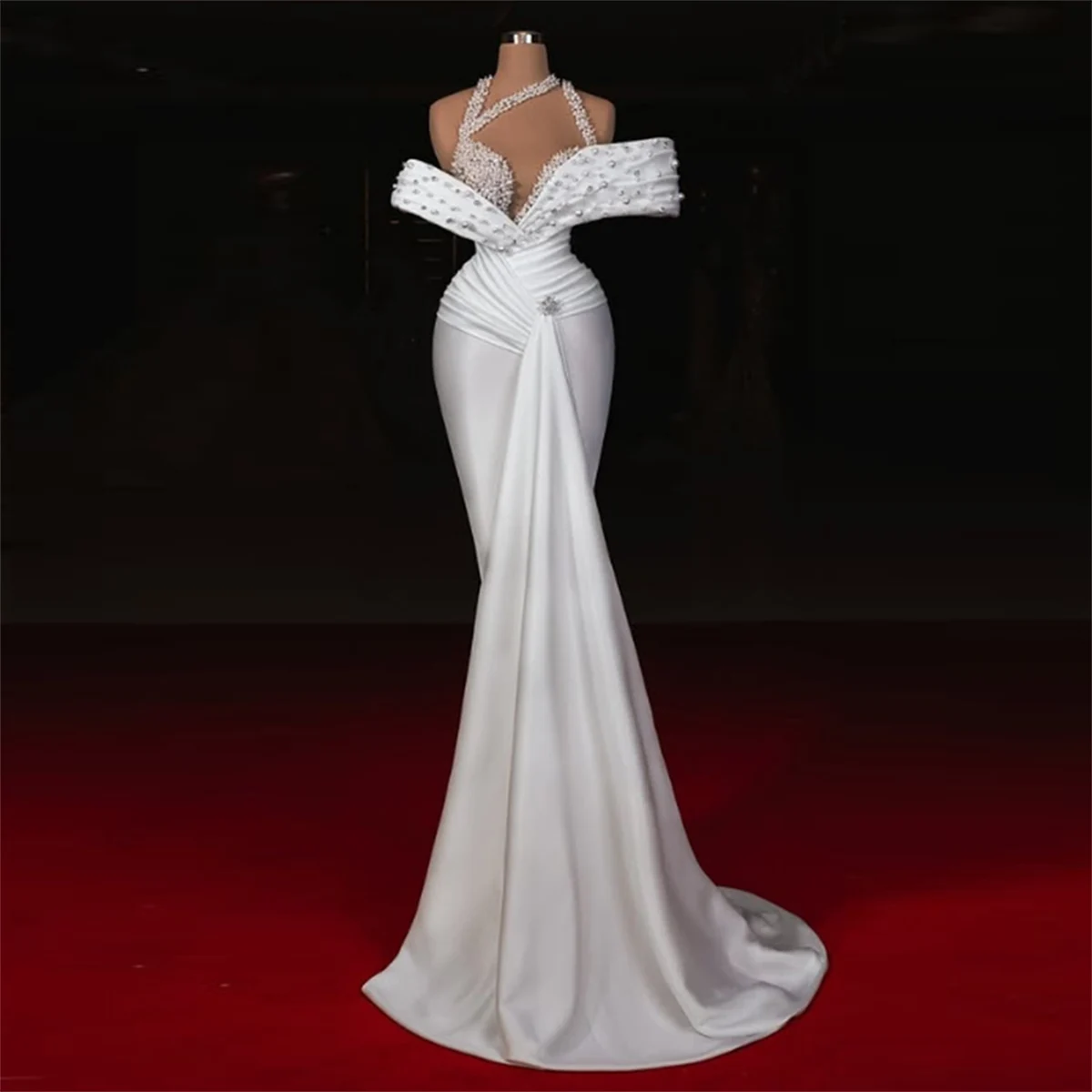 Plus Luxury High-Neck Mermaid Maxi Dress | All-Over Pearl Beading & Chapel Train